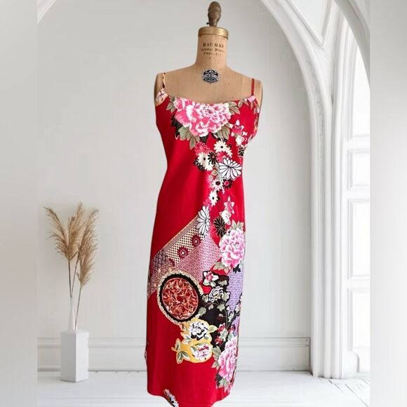 Natori Private Luxuries Red Floral Print Silky Slip Dress Size Large - Picture 1 of 12